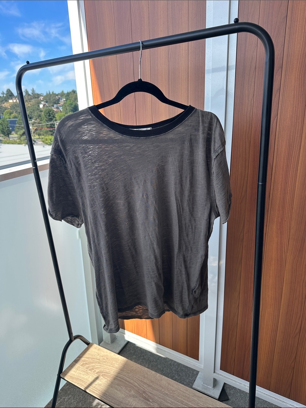 We The Free Black Trim Sheer Gray Tee